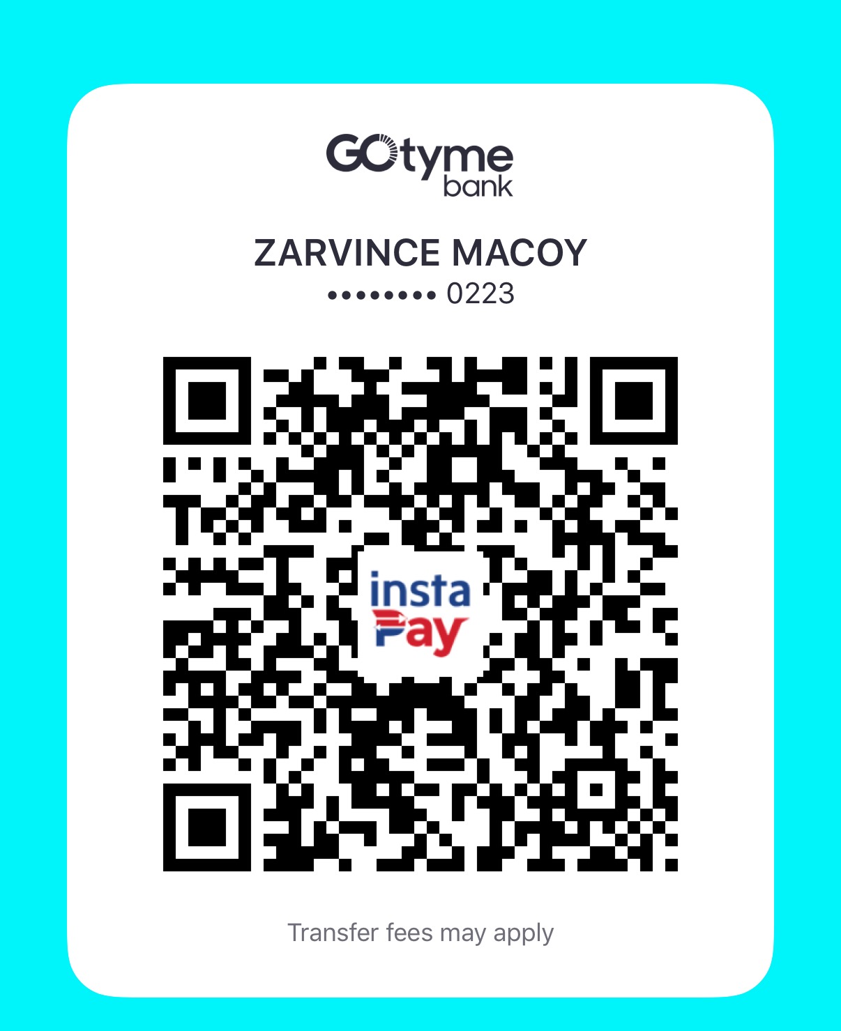 GoTyme Bank QR Ph (InstaPay) for ZARVINCE MACOY, account ending 0223